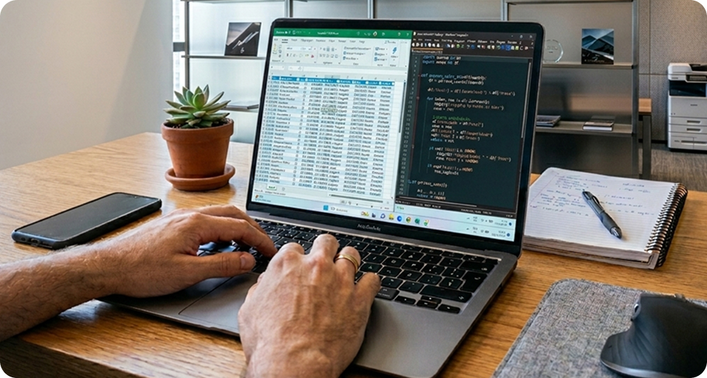Pessoa construindo ferramenta com IA no laptop